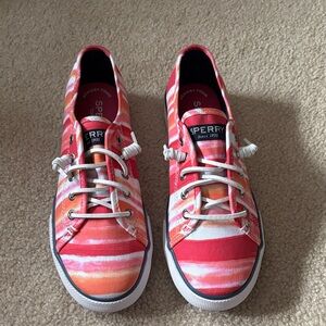 Sperry Top Sider Striped Canvas Sneakers Pink and Coral Girls Size 3.5M. NWOT